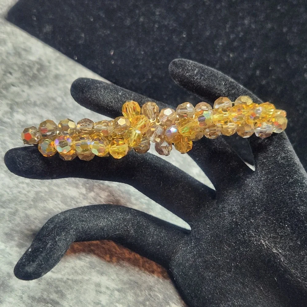 Vintage Amber AB Crystal Bead Bar Brooch Gold Tone Iridescent Cluster Pin